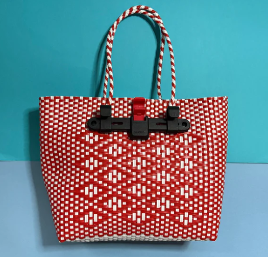 Bicycle Pannier recycled red white plastic woven basket tote bag