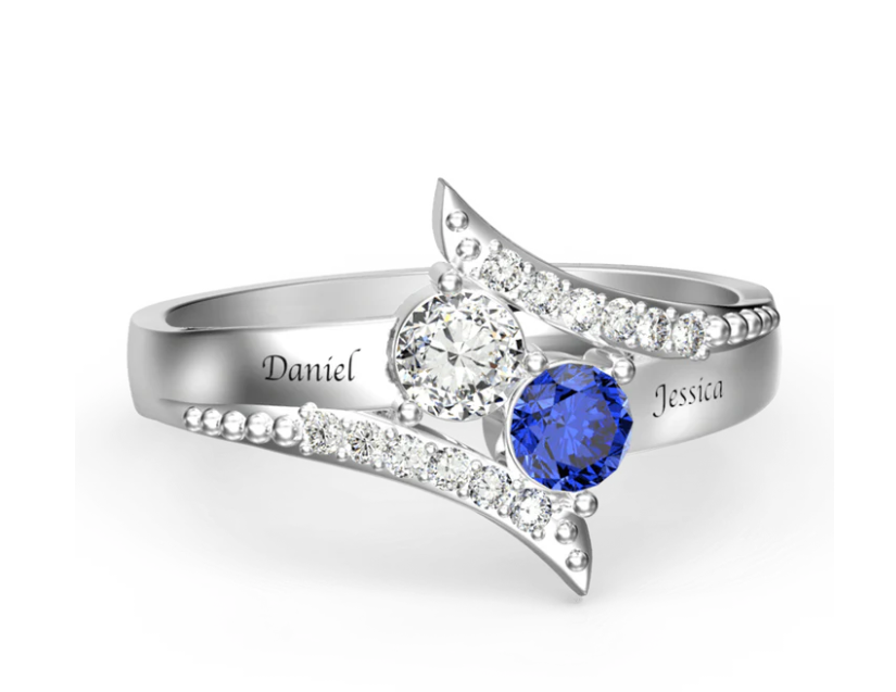 Anillo de promesa personalizado con dos piedras de nacimiento grabadas (plata de ley S925)