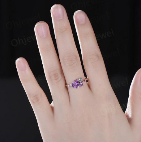 Hexagon cut purple amethyst ring rose gold cluster unique engagement ring opal multi stone ring silver delicate anniversary gift women