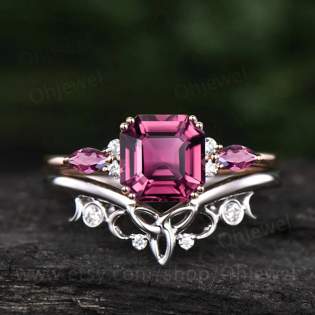 Unique Asscher cut Pink Tourmaline engagement ring set solid 14k rose gold art deco diamond wedding bridal ring set for women fine jewelry