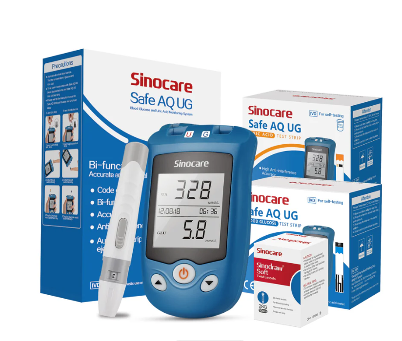 Sinocare Safe AQ UG Medidor de ácido úrico de glucosa en sangre con tiras reactivas avanzadas Lanceta para multifunción