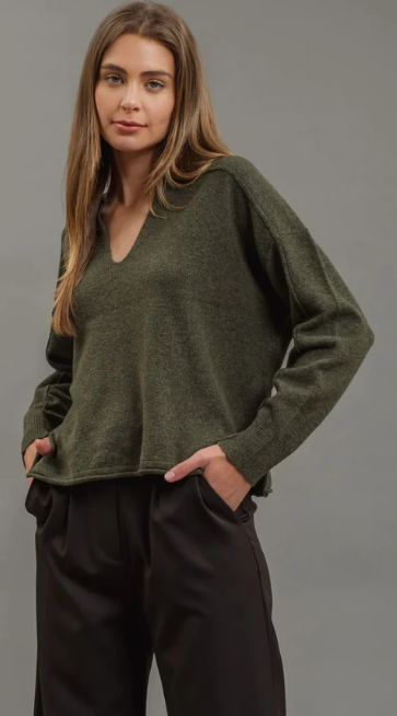 Exposed Seam Split Neck Knit Sweater