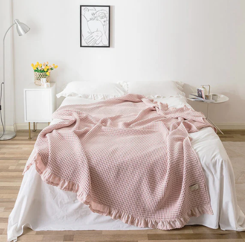 Cotton Waffle Bed Blankets with Ruffle Trim