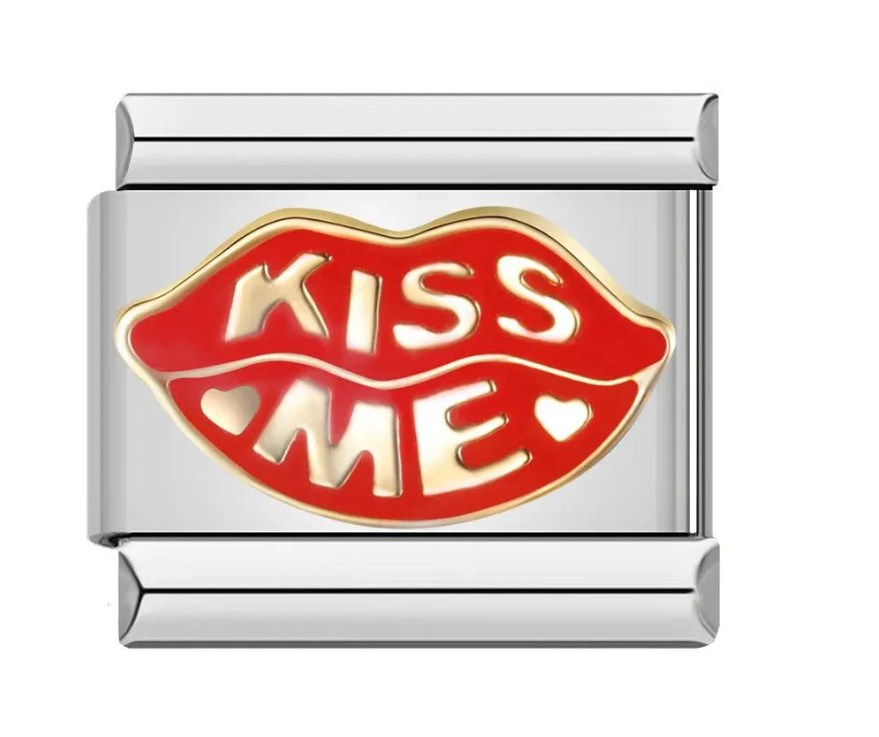 Mouth with luscious red Lips Kiss Me on silver  