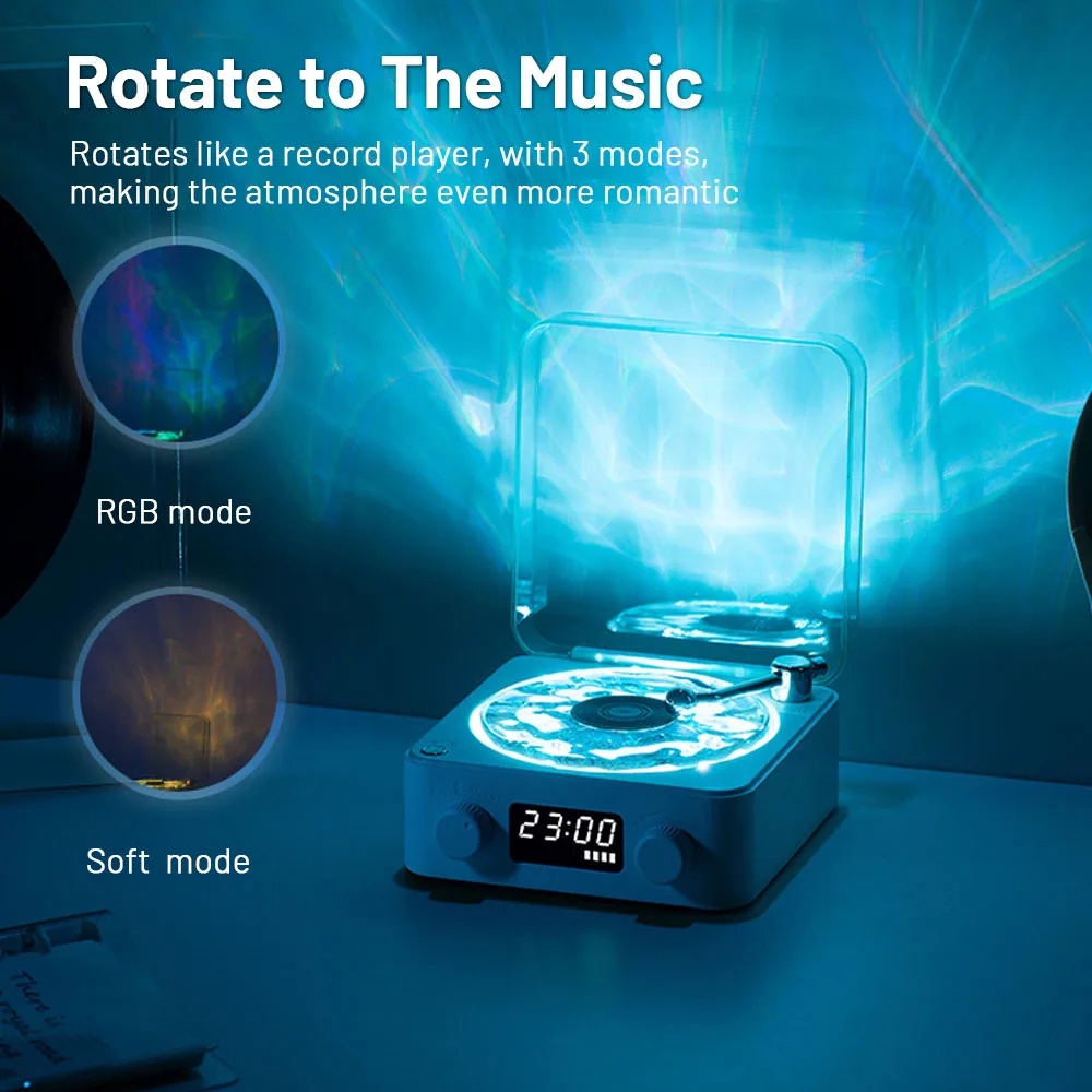 Retro Turntable Bluetooth Speaker – Wireless Vinyl Record Player, Stereo Sound with White Noise & RGB Projection Lamp Effect