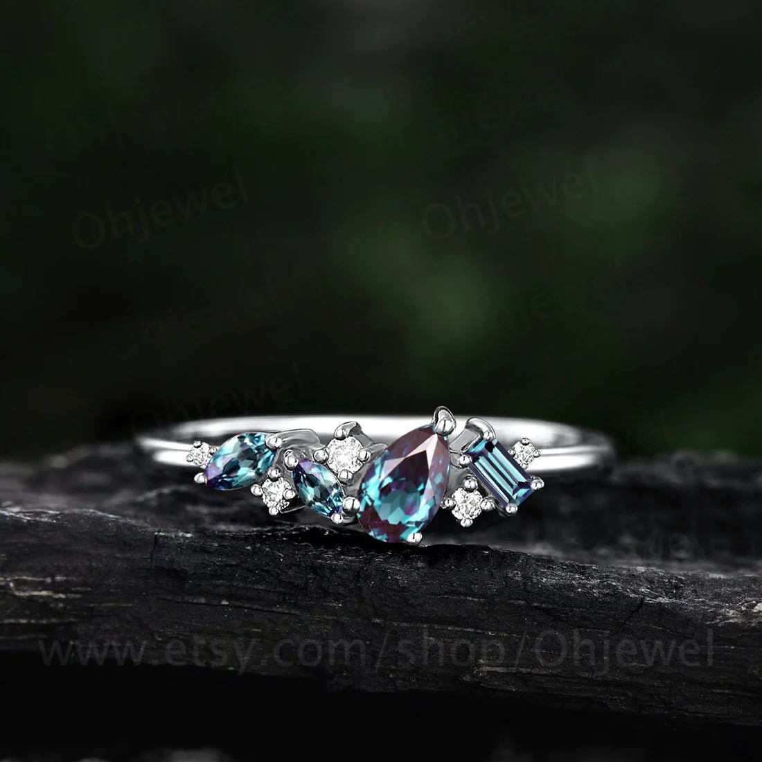 Cluster alexandrite ring 925 sterling silver dainty wedding band solid white gold snowdrift moissanite bridal anniversary ring women gift