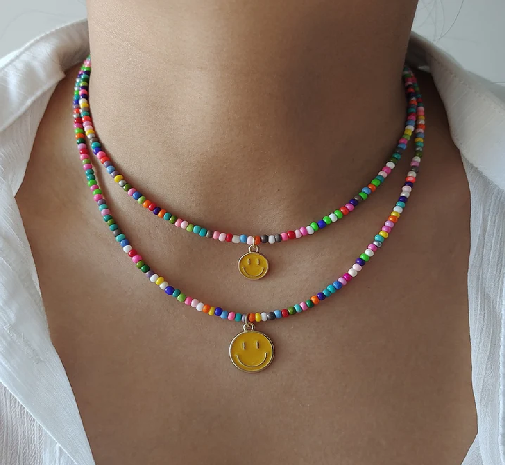 Rainbow Beaded Enamel Smiley Choker