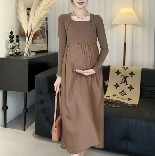 Maternity Dress with Long Sleeve and Square Collar