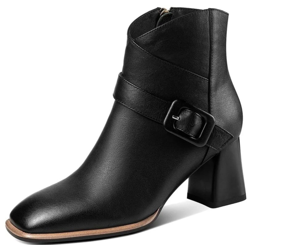 Women's Genuine Leather Buckle Décor Square Toe Side Zipper Mid Chunky Heel Ankle Boots—black US9