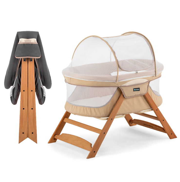 Foldable, Swingable and Mother Side Natural Wooden Baby Cradle – Beige