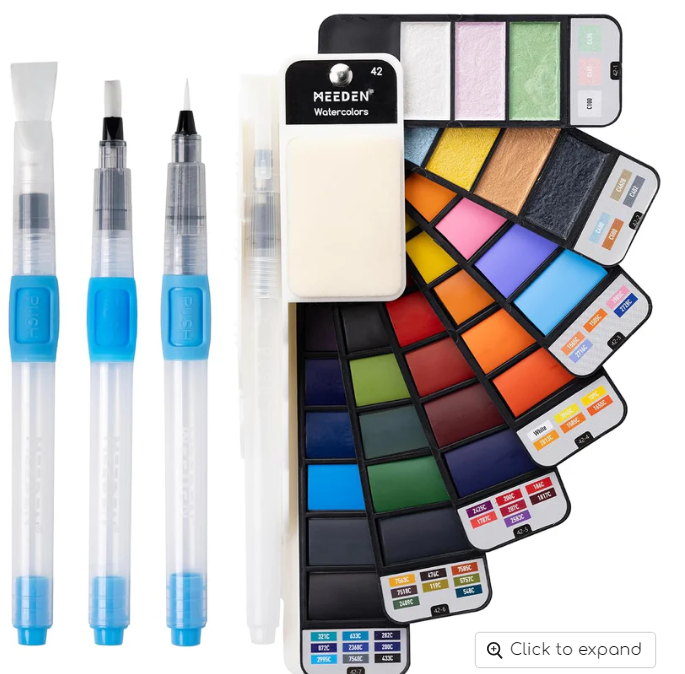 MEEDEN Travel Watercolor Paint Set, 42 Assorted Colors with 4 Brushes