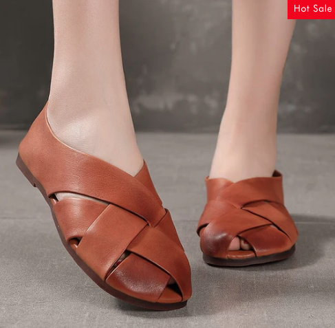 Women Retro Weave Leather Vintage Ballet Flats