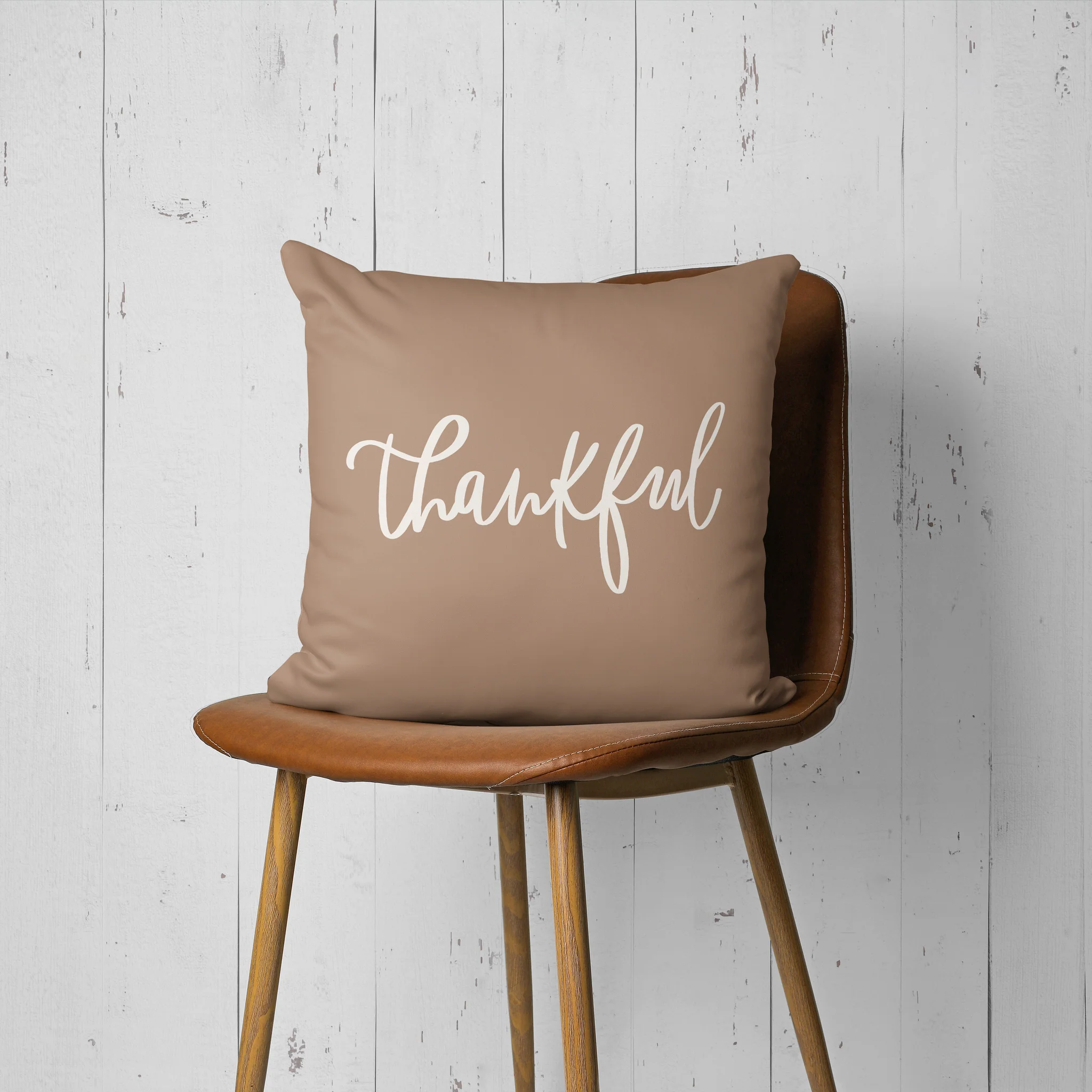 Brown with White Thankful—Pillow Cover