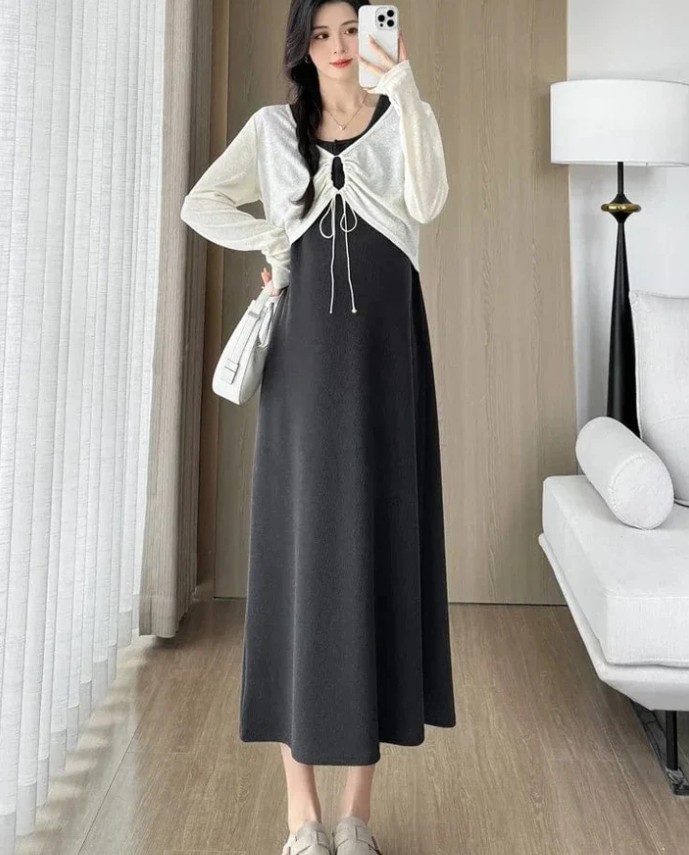 Maternity Dress Set with Long Sleeves - With a Drawstring Cardigans and Tank Dress