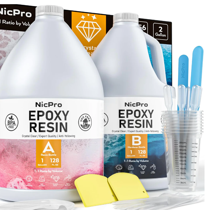 Nicpro 2 Gallon Crystal Clear Epoxy Resin Kit, High Gloss & Bubbles Free Resin Supplies for Coating and Casting, Craft DIY, Wood, Table Top, Bar Top, Molds, River Tables with Cups, Sticks, Gloves