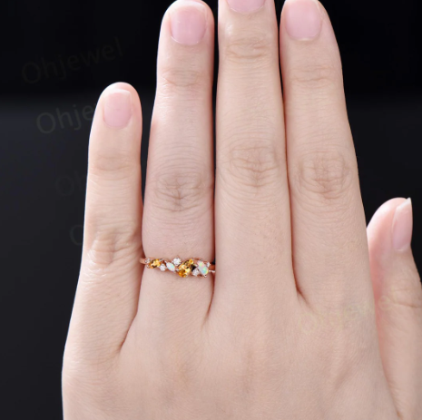 Dainty pear yellow citrine ring vintage Baguette cut opal ring 14k rose gold unique cluster moissanite wedding band anniversary gift