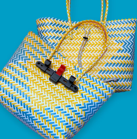 Bicycle Pannier blue & yellow plastic woven basket elastic toggle closure