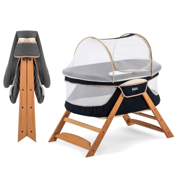 Foldable, Swingable And Mother Side Natural Wooden Baby Cradle – Dark Blue