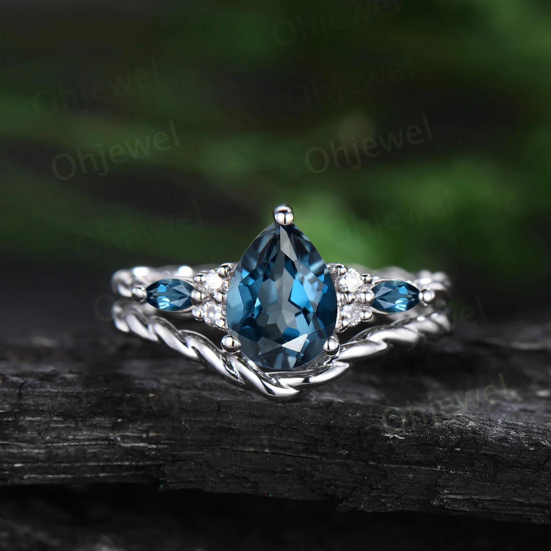 Vintage pear London blue topaz ring white gold twisted unique engagement ring women gemstone moisanite stacking bridal wedding set