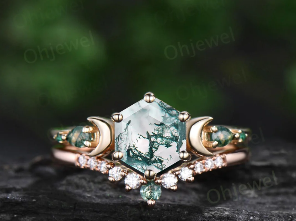 Hexagon cut green moss agate ring 14k yellow gold five stone moon unique engagement ring emerald bridal wedding ring set women jewelry gift