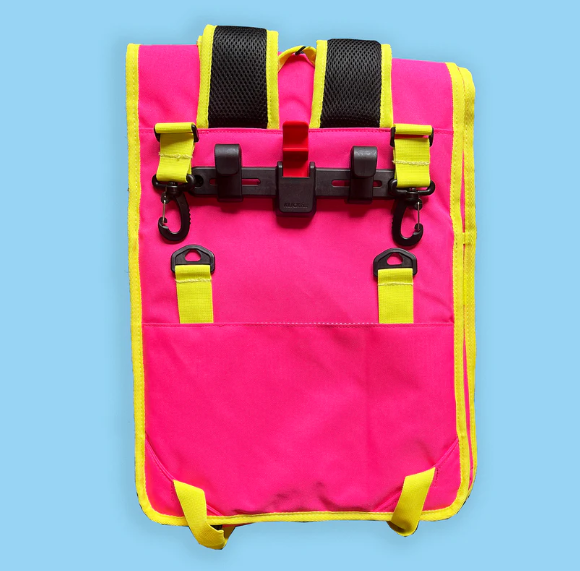 Neon pink rolltop backpack pannier bike bag Rixen kaul hardware hooks