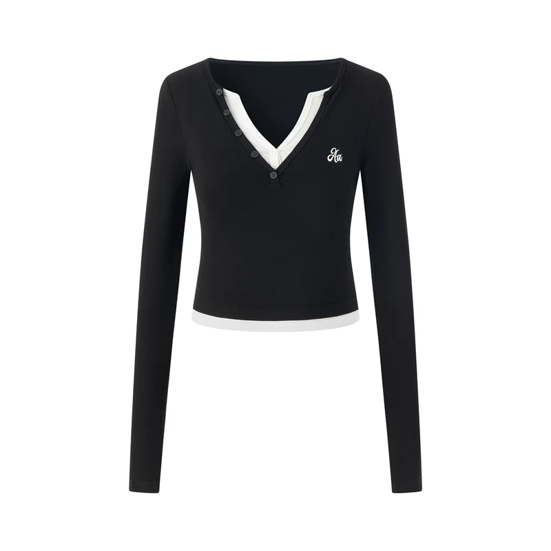 AcmeAura® Vintage Spice Girl Contrast Fake Two Pieces Big V-Neck Long Sleeve KT3260