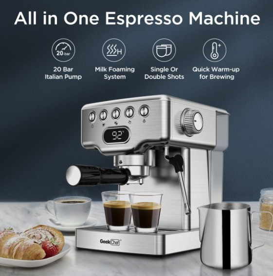 Geek Chef 20 Bar Espresso Machine with Milk Frother – Stainless Steel, 1.8L Water Tank, For Latte, Cappuccino, Macchiato