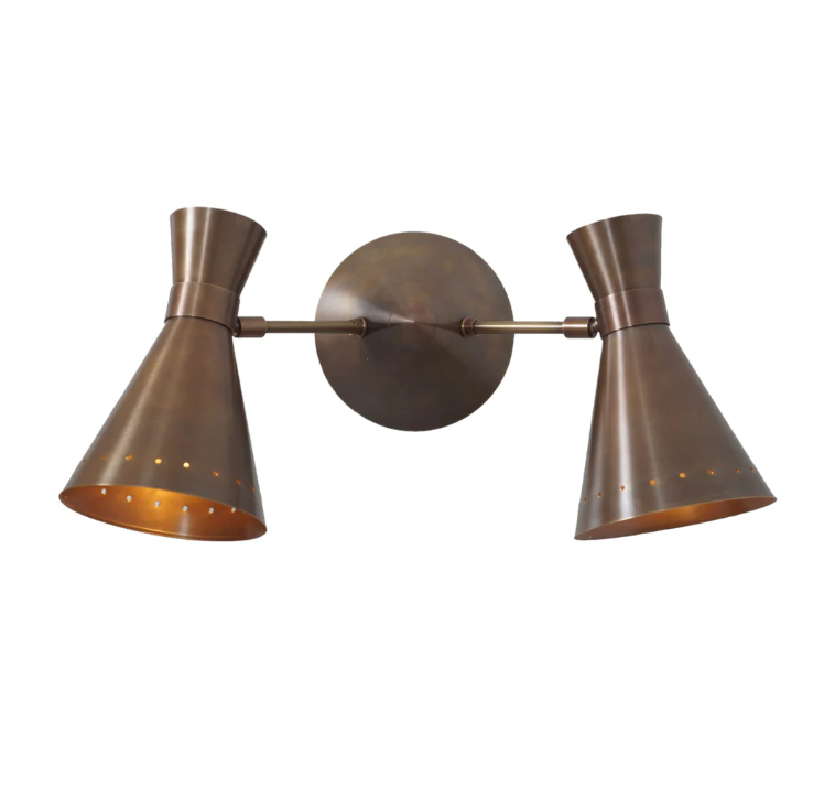 double shade brass articulated arm wall lamp