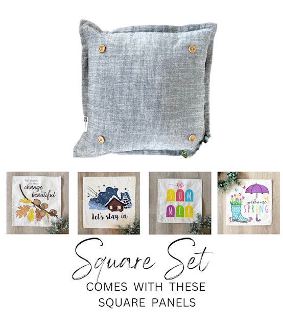 SQUARE BUNDLE SET: Charcoal Gray Solid Pillow (comes with foam insert and these 4 panels in back pocket); Winter Spring Summer Fall Autumn: FALL BRANCH, SUMMER POPSCICLE, SPRING RAIN BOOT/UMBRELLA, SKI LODGE CHAIRLIFT