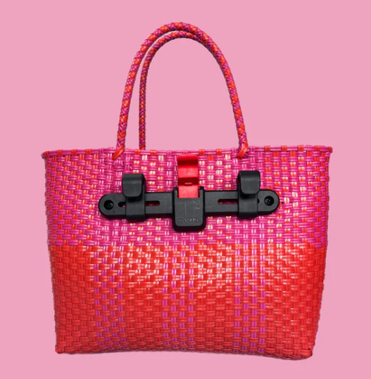 Bicycle Pannier recycled red & orange plastic woven basket tote bag