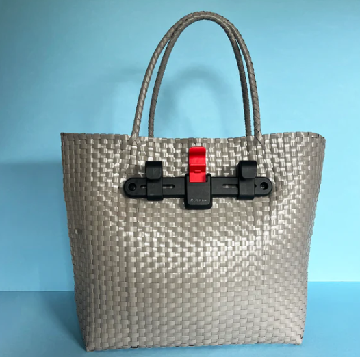 Bicycle Pannier recycled gray plastic woven basket tote bag with toggle closure
