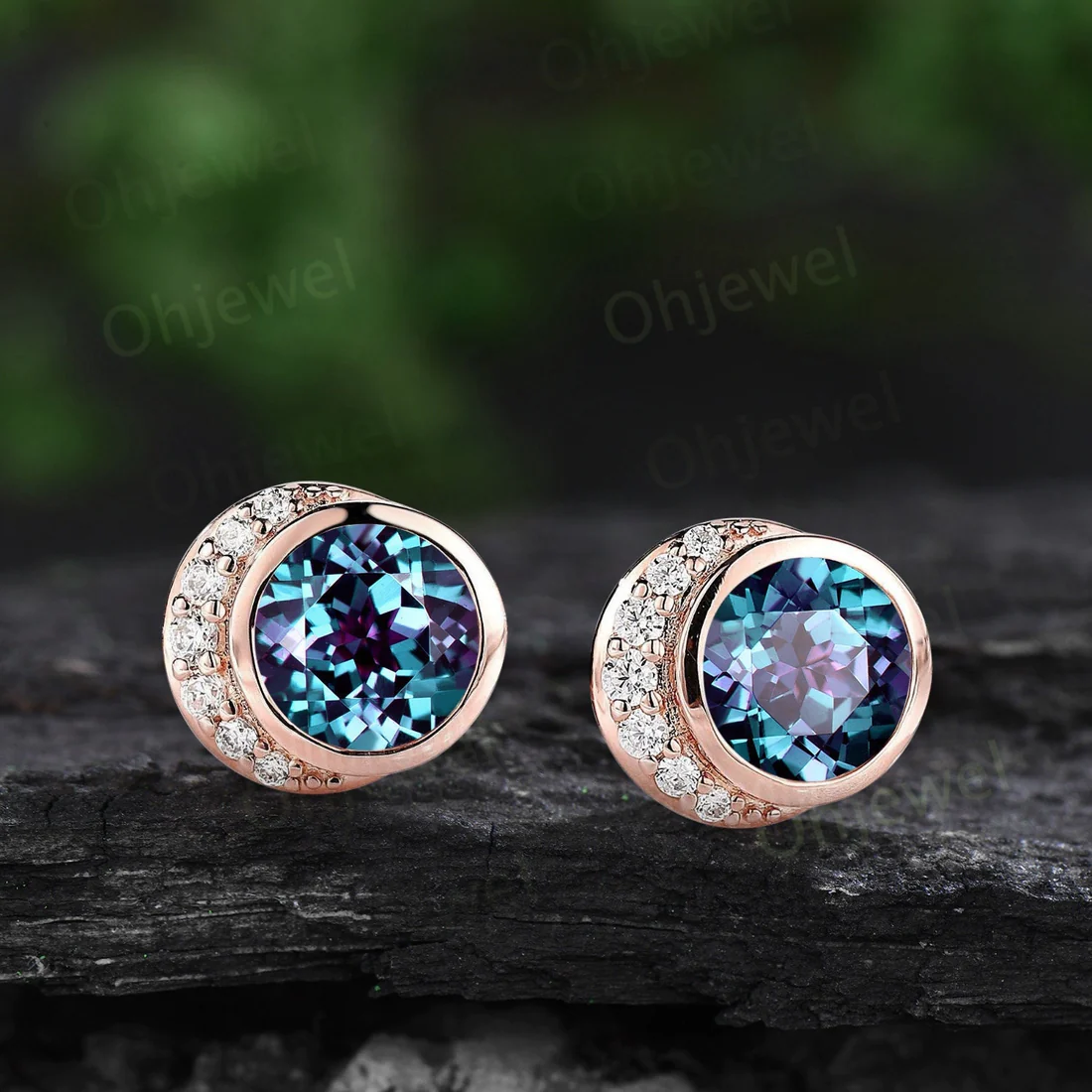 Bezel round cut Alexandrite earrings solid 14k rose gold vintage moon diamond stud earrings women dainty wedding anniversary gift