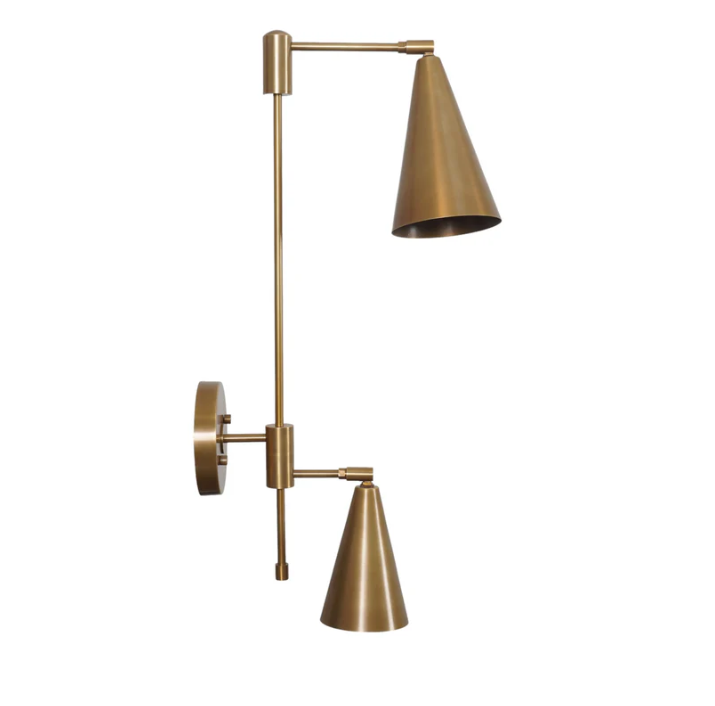 double shade brass articulated arm wall lamp