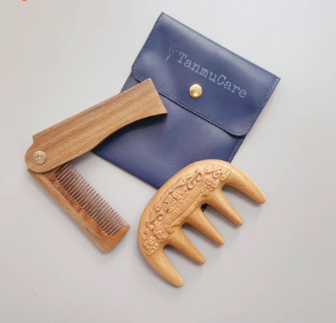 Sandalwood Man Self—care Duo: Folding Hair/Beard Comb + Beast—pattern Scalp Massage Comb