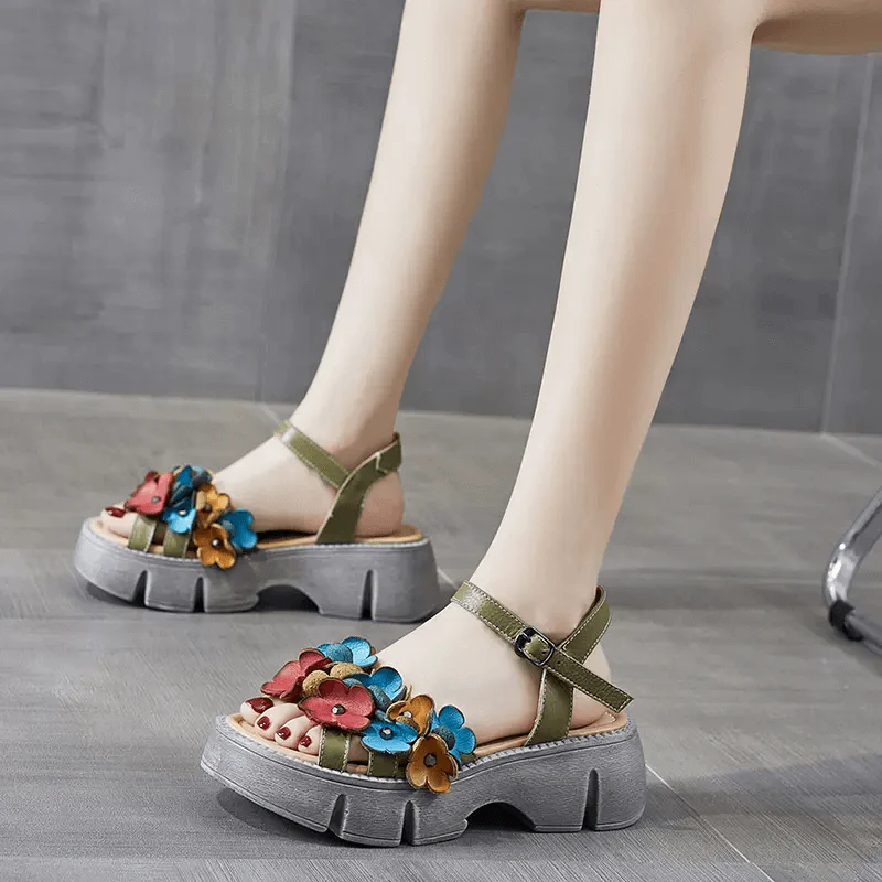 BABAKUD WOMEN SUMMER VINTAGE FLORAL BLOSSOM MID-HEEL SANDALS