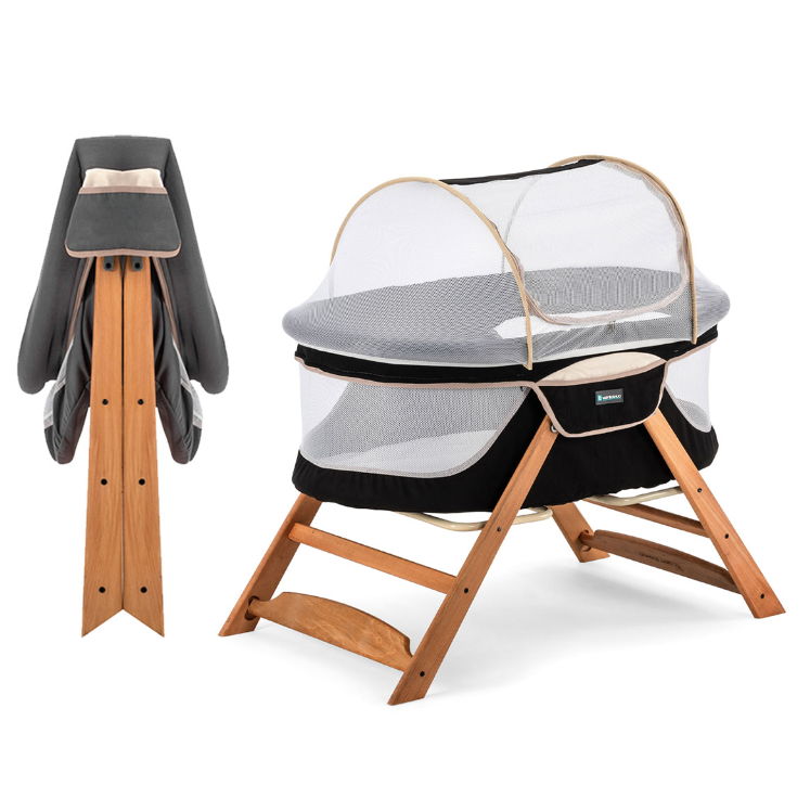 Foldable, Swingable and Mother Side Natural Wooden Baby Cradle – Black