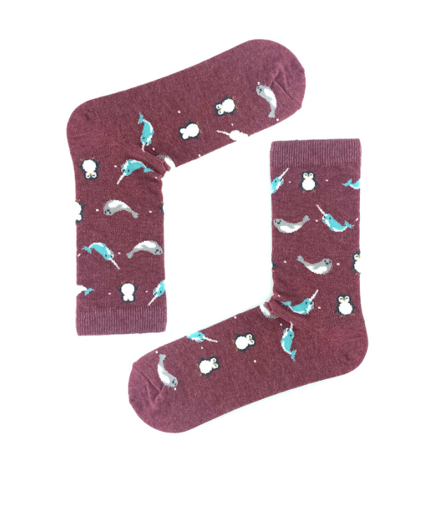 Maroon Arctic Animal Socks – Penguins, Seals & Narwhals (women's)