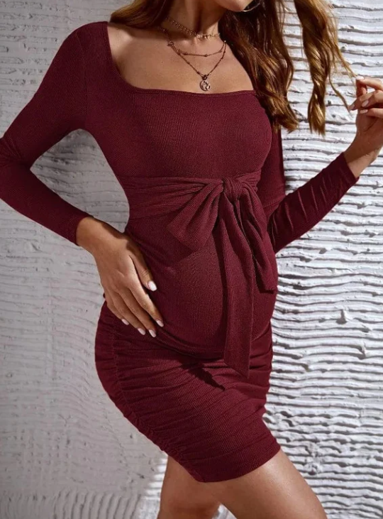 Beautiful Party Ready Maternity Square Neck dress with a Bowtie in the Front