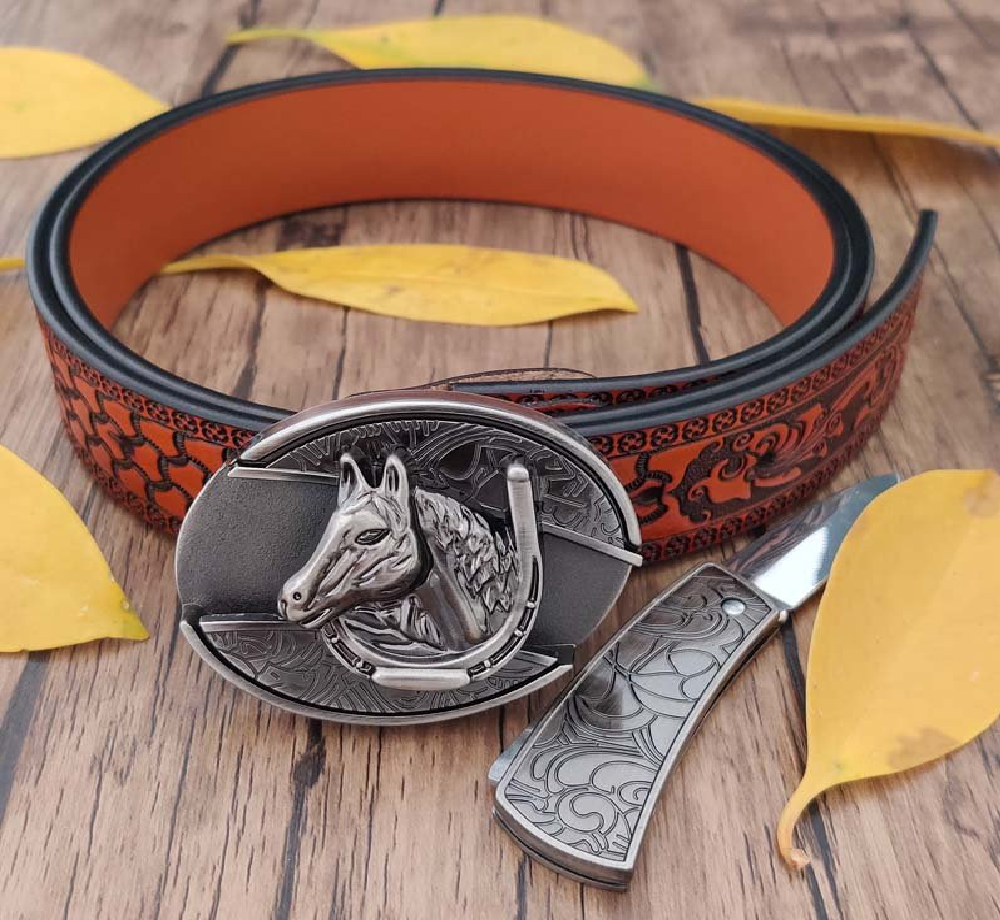 Embossed Country Utility Belt with Cool Oval Belt Buckle