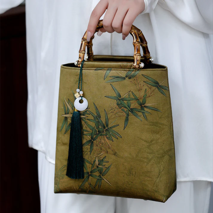 [Chinoiserie] Bamboo Leaves Printed Silk Handbag
