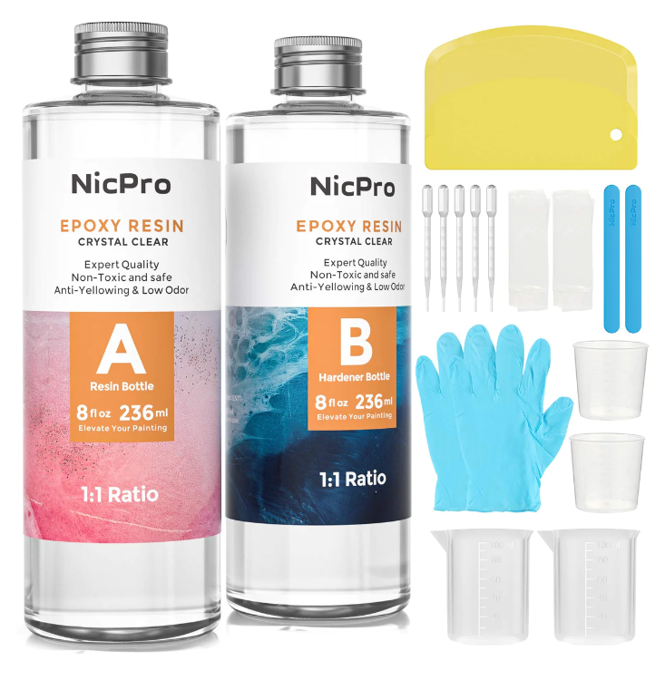 Nicpro 16 Ounce Crystal Clear Epoxy Resin Kit, DIY Starter Epoxy Resin Supplies with 4 Measuring Cups, 2 Silicone Sticks, Gloves, Spreader for Art Craft Casting & Coasting, Molds, Jewelry Making