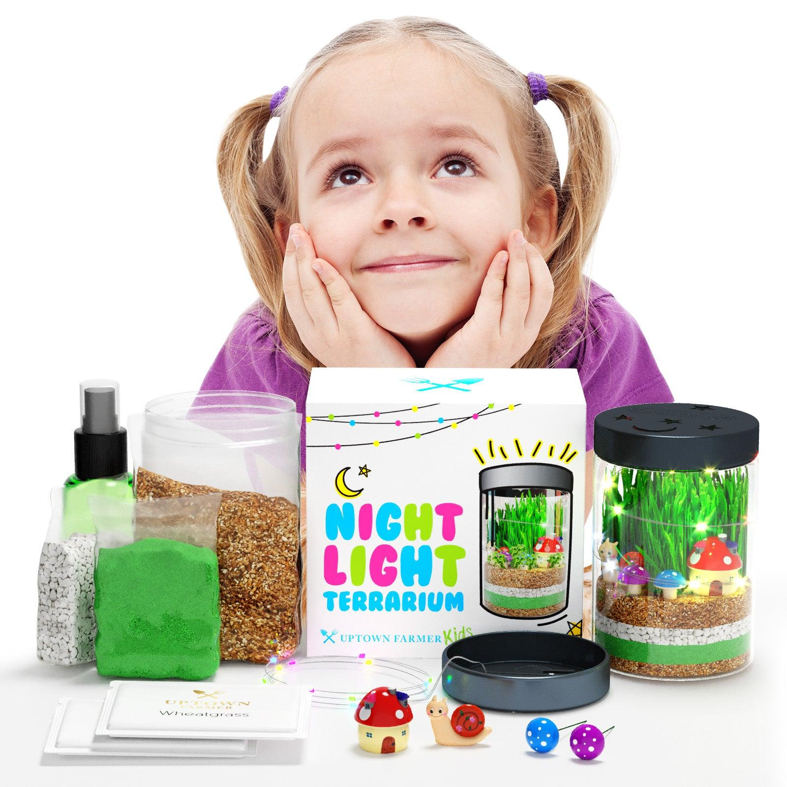 TERRARIUM KIT FOR KIDS WITH LED NIGHT LIGHT USA SEEDS & SOIL + FIGURINES